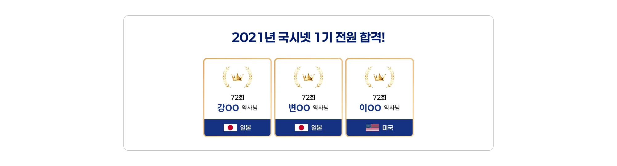 2021년 국시넷 1기 전원 합격! 72회 강OO 약사님, 일본 72회 변OO 약사님, 일본 72회 이OO 약사님, 미국