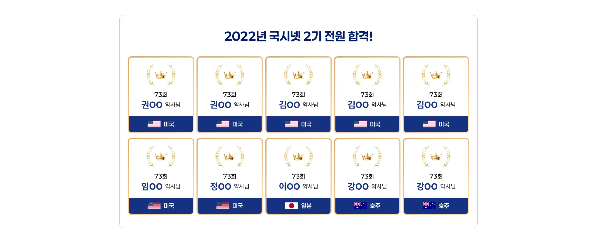 2022년 국시넷 2기 전원 합격! 73회 권OO 약사님, 미국 73회 권OO 약사님, 미국 73회 김OO 약사님, 미국 73회 김OO 약사님, 미국 73회 김OO 약사님, 미국 73회 임OO 약사님, 미국 73회