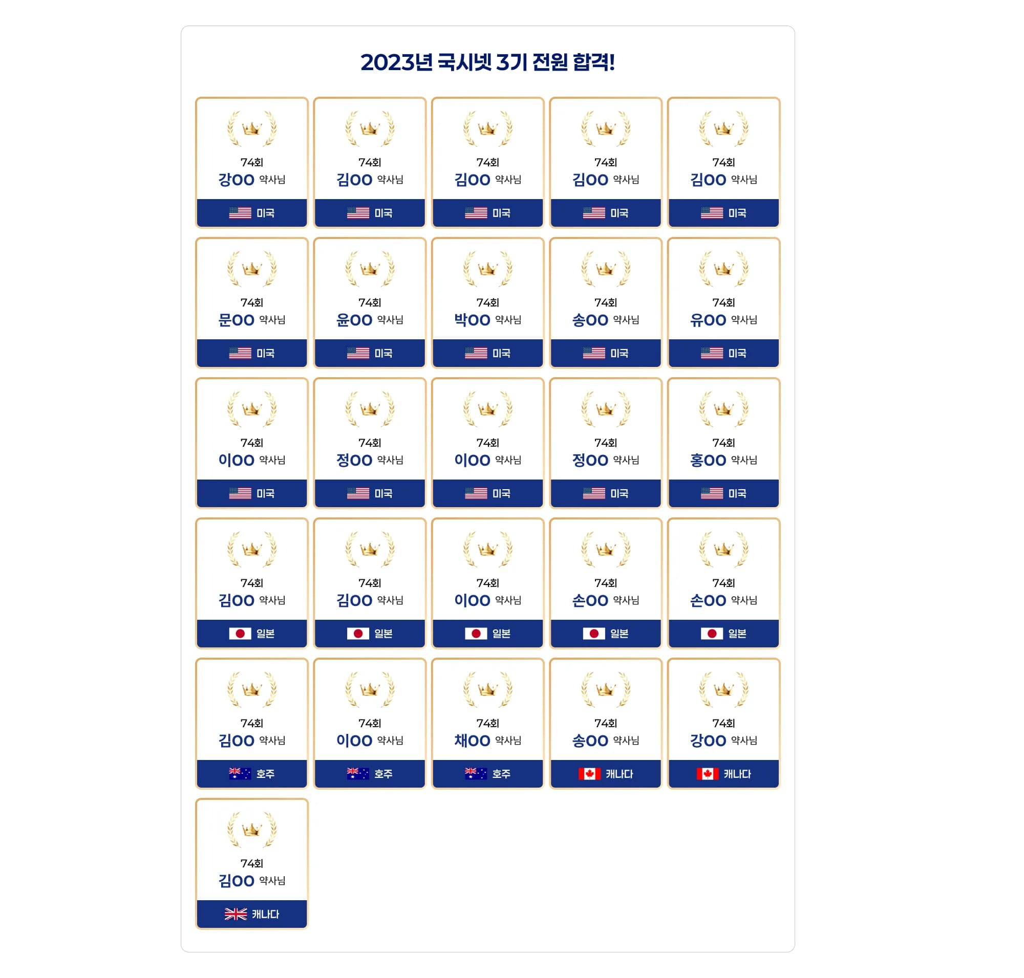 2023년 국시넷 3기 전원 합격! 74회 강OO 약사님, 미국 74회 김OO 약사님, 미국 74회 김OO 약사님, 미국 74회 김OO 약사님, 미국 74회 김OO 약사님, 미국 74회 문OO 약사님, 미국 74회